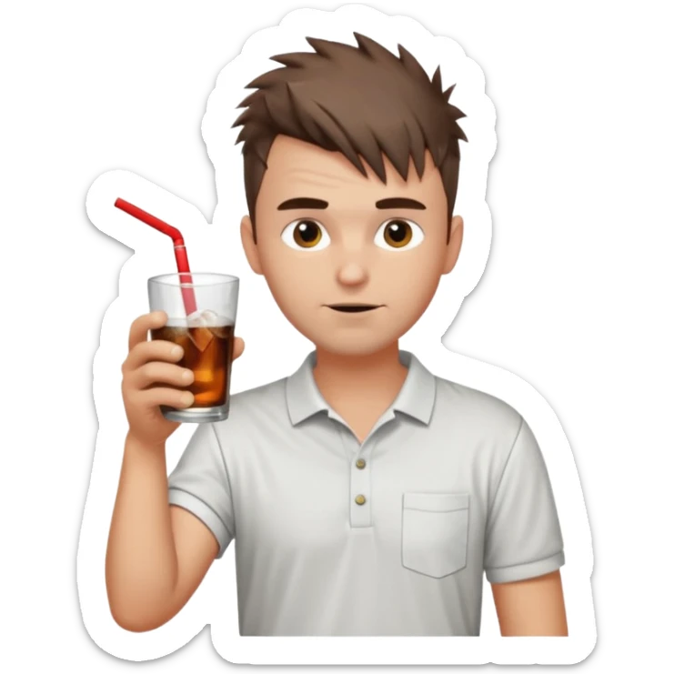 Handsome male.short messy brown hair.mowhawk hairstyle. wearing white golf shirt.grey shorts. Drinking brandy and coke . Drunk. No straw sticker