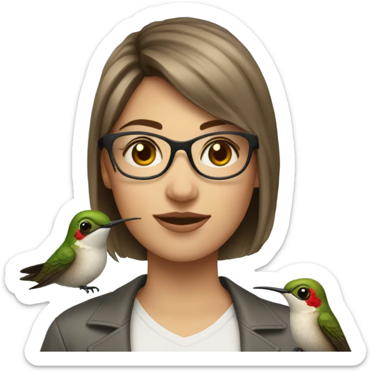 Girl pale , brunette, with short hair, wearing glasses with a hummingbird next to her sticker