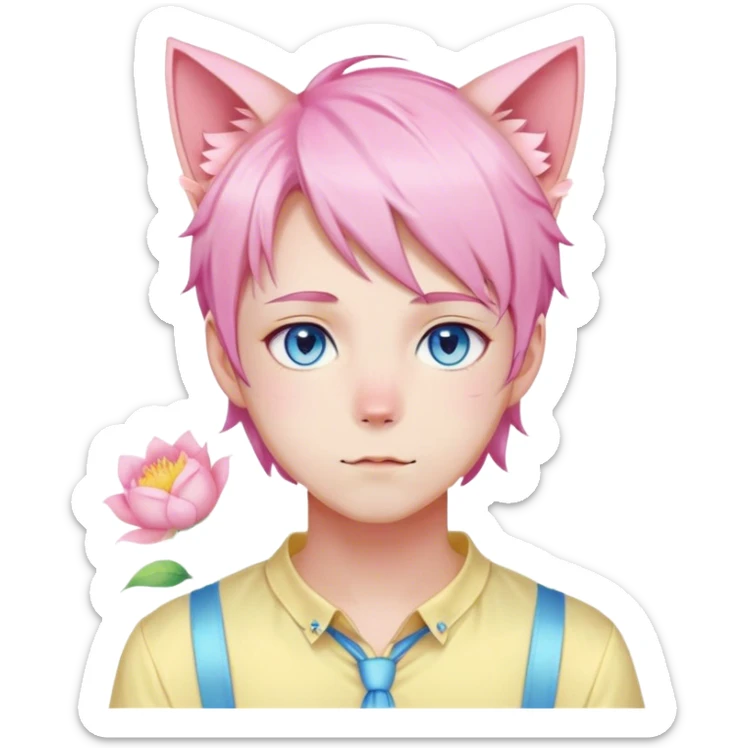 Pastel effeminate young femboy man with pastel pink shiny hair, pink cat ears, pastel yellow blouse, blue eyes, cute, gorgeous, anime, catboy, romantic, beautiful, flowers, aesthetic sticker