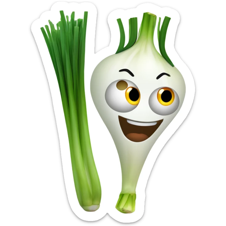 Smiling green onion with a bundle of long, thin green stalks as hair, big expressive eyes, and a cheerful cartoonish face on the white bulb section. Vibrant and playful design. sticker
