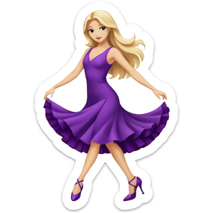 long blonde hair, dancing a tango in a purple dress and purple heels  sticker
