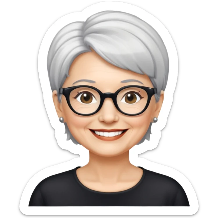 bà lão 60 tuổi, da trắng, tóc ngắn màu bạc, đeo kính màu đen, mặt cười tươi sticker