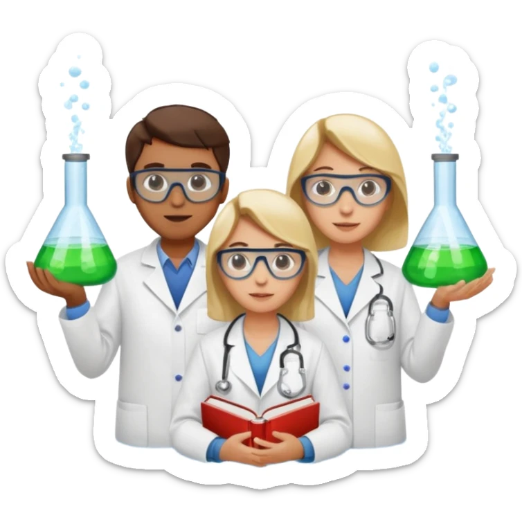 The team of scientists is waist-deep, surrounded by chemical flasks and books sticker