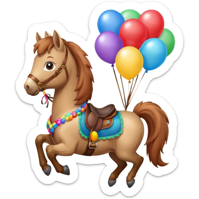 A small pony holding colorful balloons tied to its saddle, looking cheerful. sticker