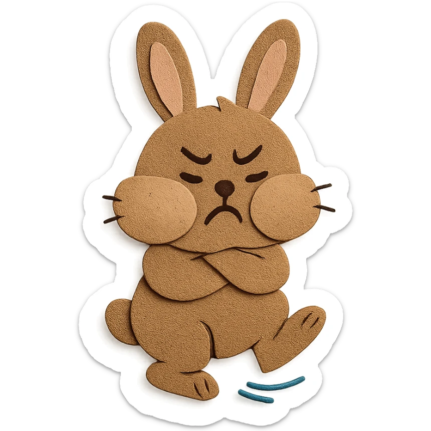 highly detailed, high quality paper craft style illustration of a mocha-colored bunny puffing its cheeks and stamping its foot, intricate textures, soft lighting, delicate cut-paper details sticker