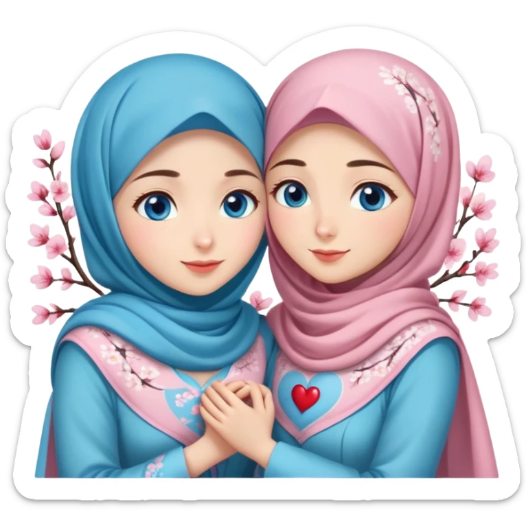 Two friendly Turkish girls beautiful finish Konya blue eyes with cherry blossom hijab and heart dress and hugs  sticker