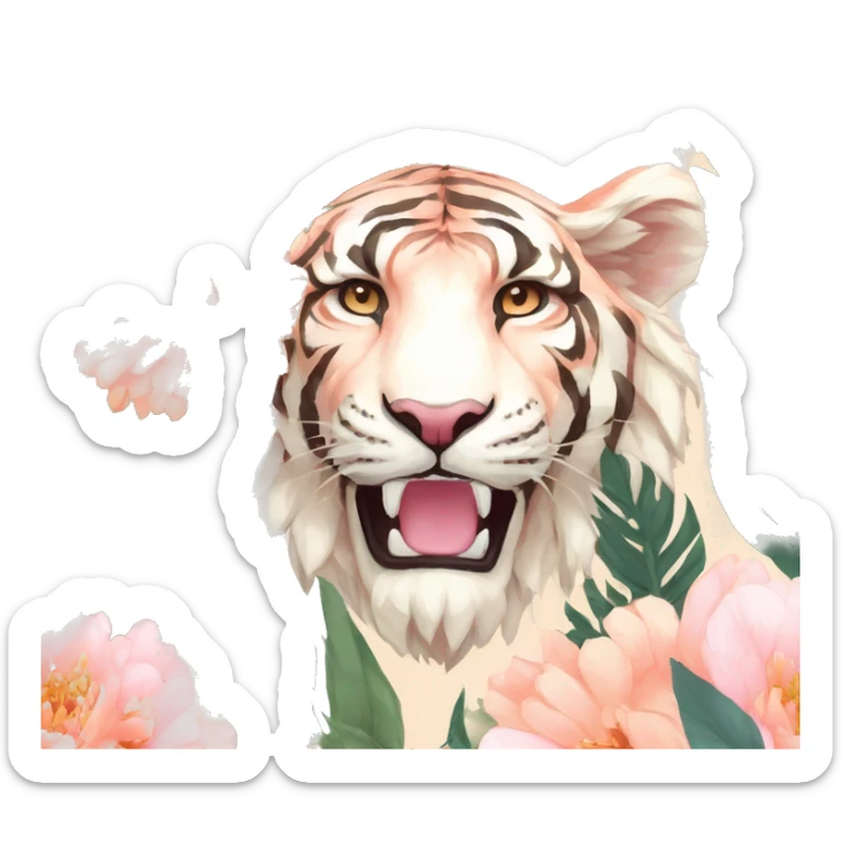Pixel art of a pixel pink peach beige blue cream pastel pixel tiger pixel lion wearing tropical flowers and leaves, flower crown, floral, pixel sticker