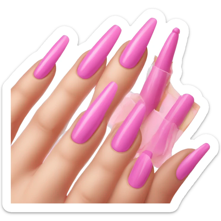 long acrylic fingernails pink nail polish, palm of hand, fingers folder over showing nails sticker