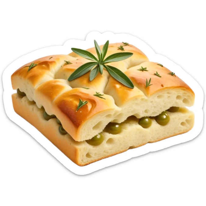 Cinematic Realistic Focaccia Bread Dish Emoji, depicted as a golden, olive oil brushed flatbread sprinkled with herbs rendered with lifelike texture and soft, appetizing lighting. sticker