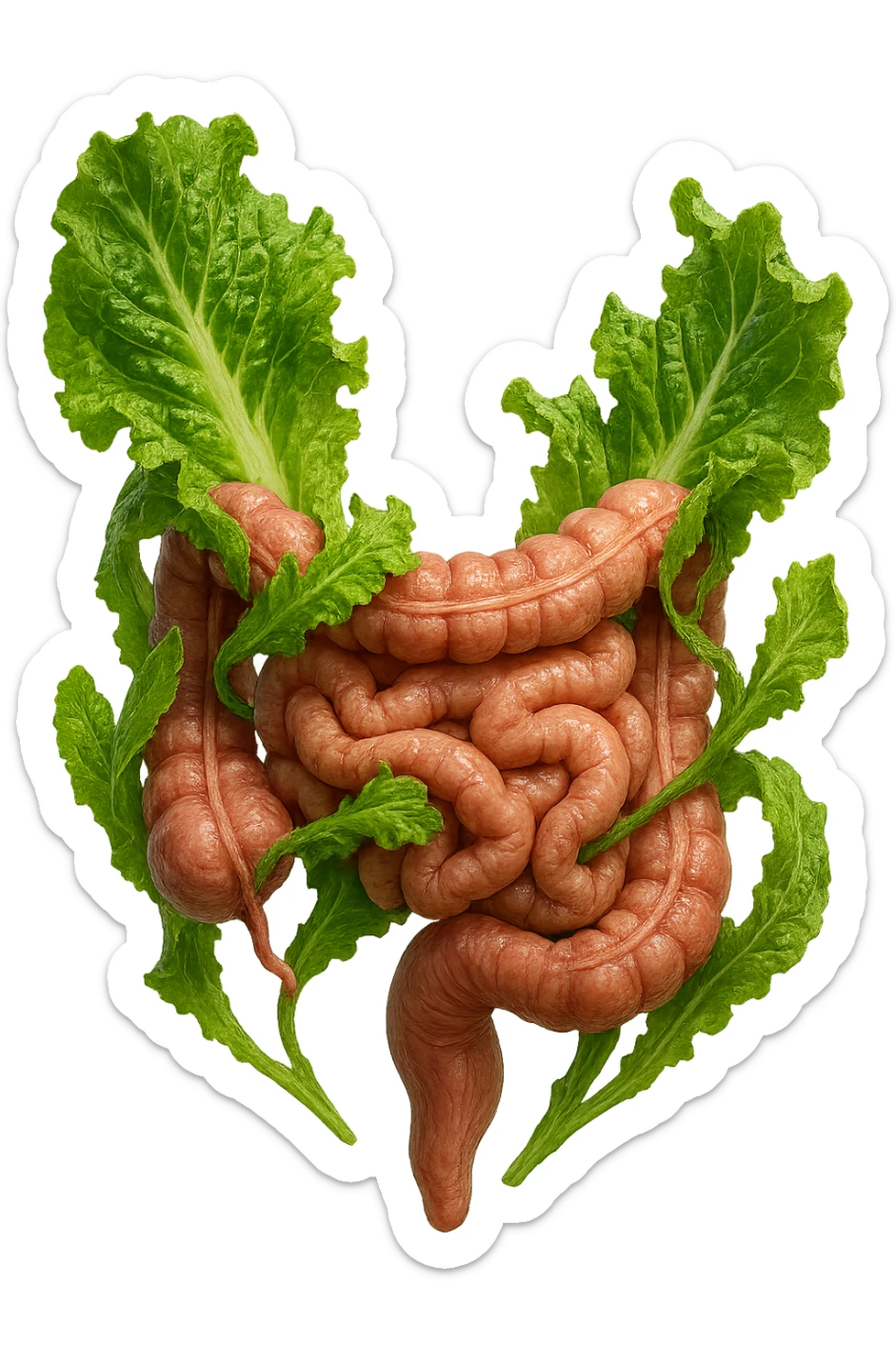 foglie di insalata che attaccano un intestino anatomico umano per distruggerlo, IPERREALISTICO 4K sticker