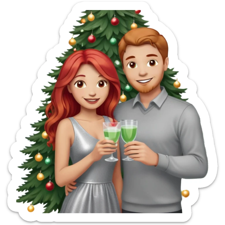 Couple at a Christmas party. The man has short light brown hair, light skin, and is wearing a light gray shirt, holding a drink. The woman has long red hair, light skin, wearing a shiny silver dress, smiling and standing close to the man. Christmas tree with lights in the background. Festive atmosphere. sticker