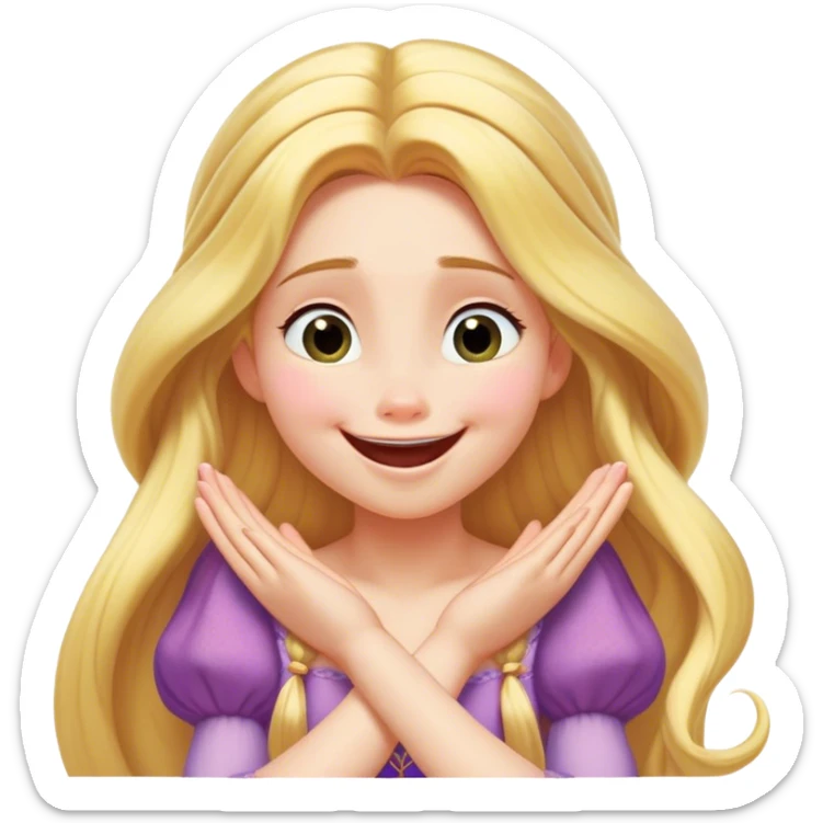 Cinematic Playful Rapunzel Portrait Emoji, Giggling as Pascal sits atop her head, hands cupped over her mouth in a moment of pure joy, her radiance shining through, utterly enchanting! sticker