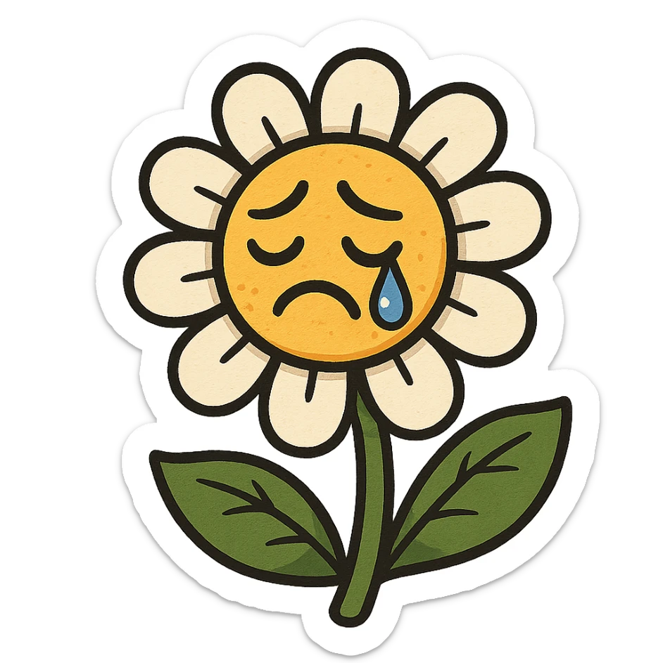 Make the sad flower have a teardrop in the style of cartoonish stickers sticker