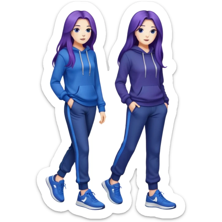 female with slim hourglass shaped body, purple long hair, wearing a blue sweater, dark blue sweatpants, and black sneakers, full body view sticker