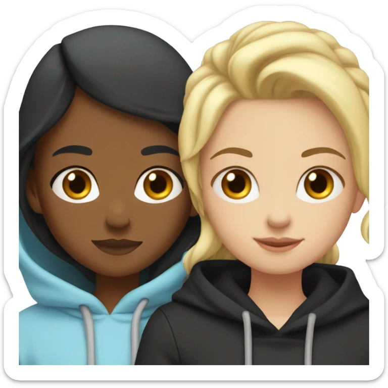 Blonde girl wearing light blue hoodie hugging black haired girl wearing black hoodie sticker