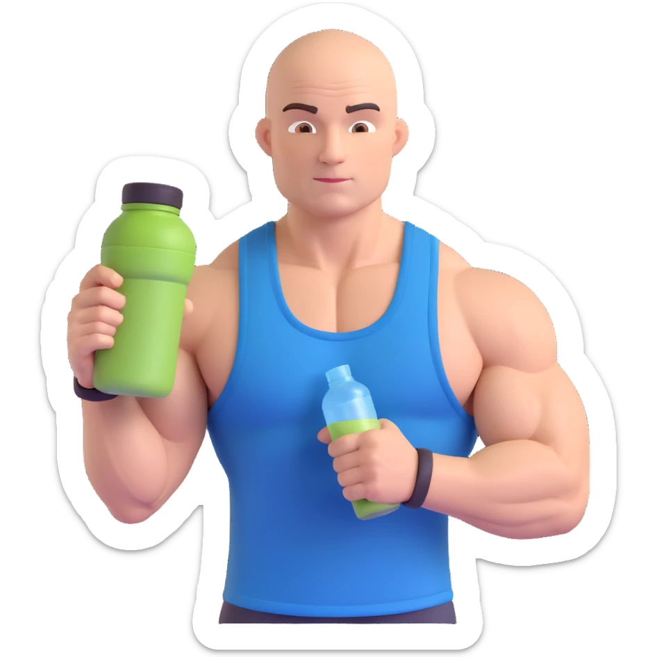emoji of muscular bald man resembling Dwayne Johnson flexing with a protein shaker, wearing a tank top sticker