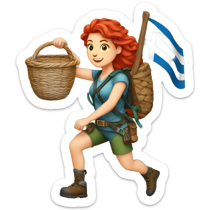 Female mountaineer red hair climbing with Easter eggsbasket and Greek flag sticker
