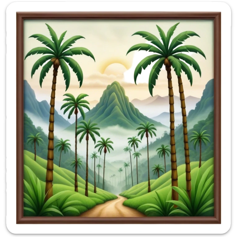 Cinematic Realistic Cocora Valley Landscape Emoji, depicted with towering wax palm trees in a lush, misty valley rendered with rich textures and dynamic, natural lighting. sticker