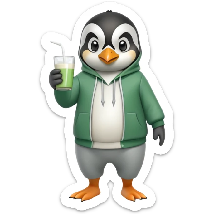 full body portrait of a friendly anthropomorphised penguin wearing a green mafia-style tracksuit, angry, confident scheming stance, holding a glass of milk sticker