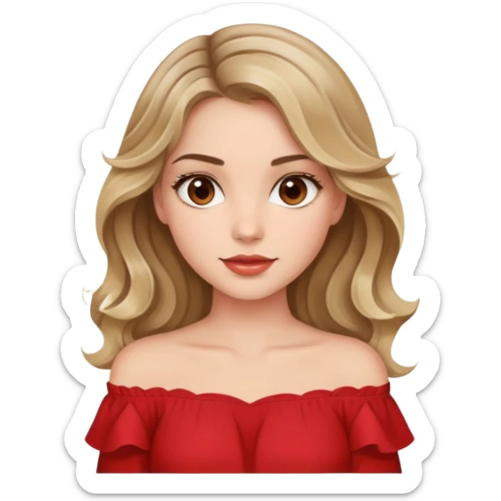 a beautiful girl with wavy and dark blond hair and her eyes are brown. The girl from once has a beautiful red blouse in which from the shoulders starts  sticker