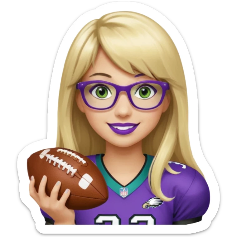 long blonde hair with bangs black rectangle glasses female green eyes football player wearing eagles uniform jersey number 33 holding football smiling purple lipstick sticker