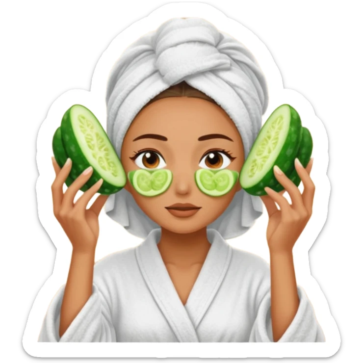 woman at the spa with cucumbers slices covering her eyes and tan skin tone with towel completely covering hair and robe on sticker