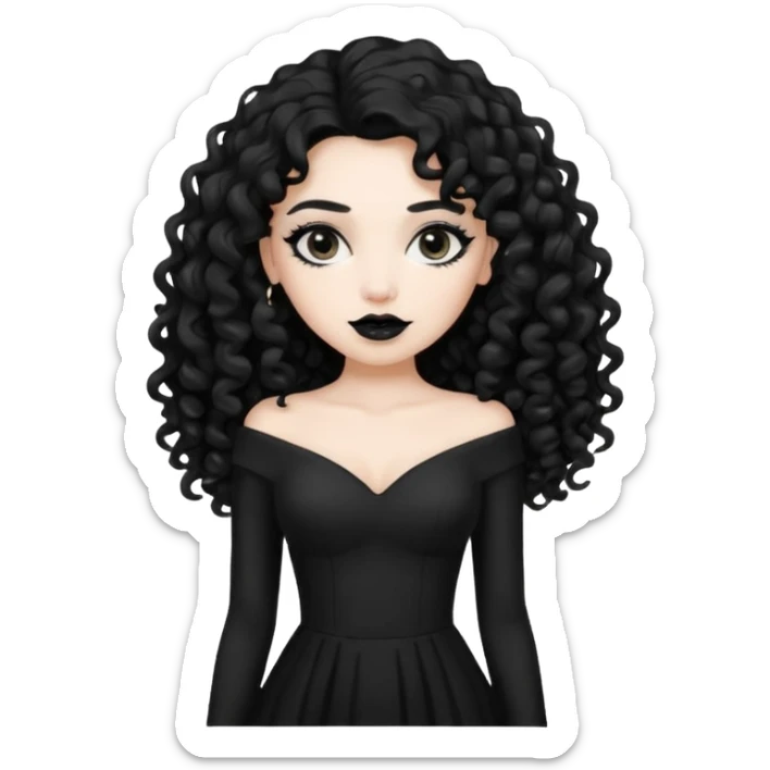 long black curly hair with white skin black dress and black lipstick sticker
