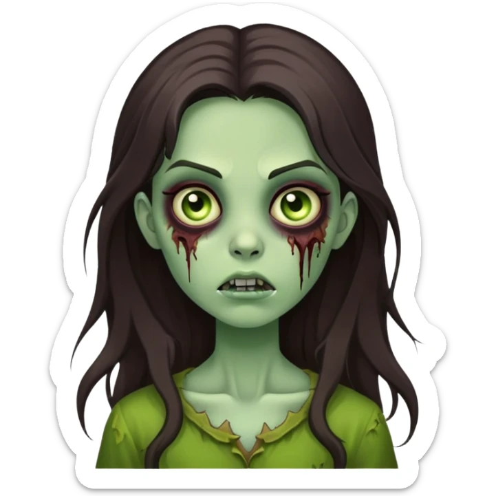 girl zombie with a long dark brown hair, sidebangs and green skin sticker