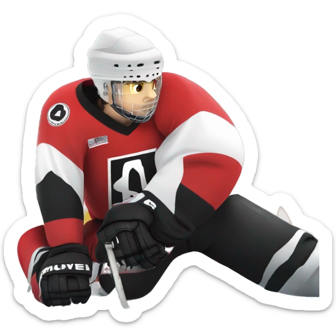 A wolf hockey player lies on the ice in a red white and black uniform A wolf hockey player lies on the ice in a red white and black uniform sticker