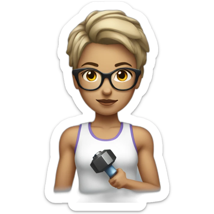White Sports Girl with short hair glasses holding dumbbell sticker