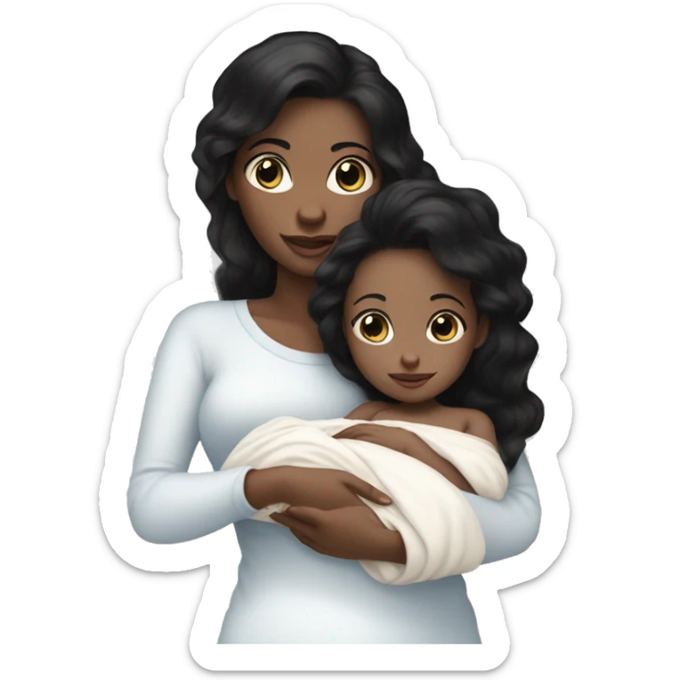 mom holding newborn baby girl with blue eyes white skin and black hair and white skin newborn girl bab white skin black hair sticker