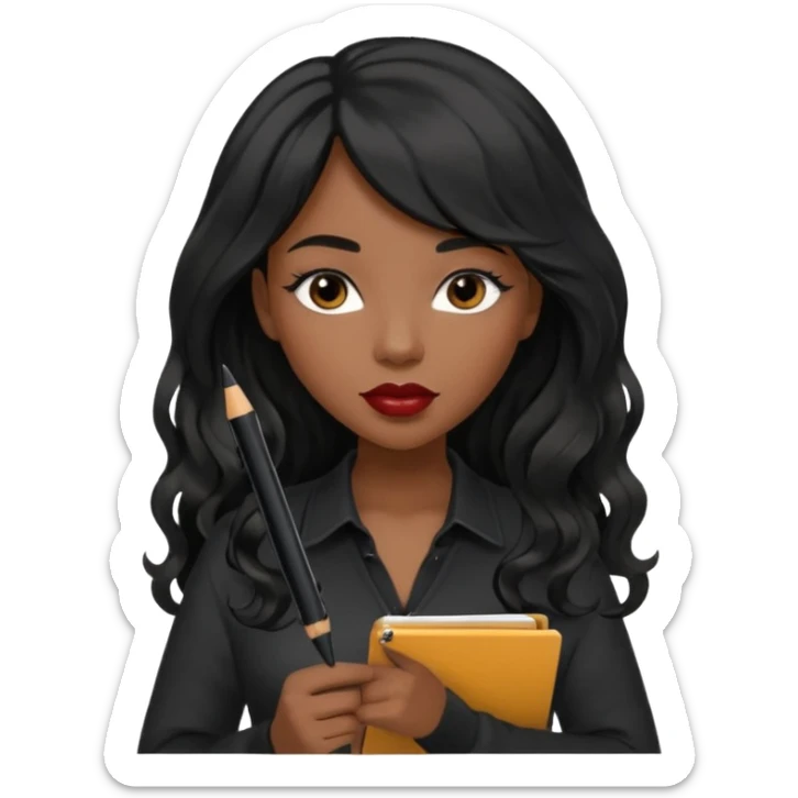 A young woman with long black hair, a wavy frange falling on half of her head.  She's black, medium to dark skinned with thick lips. She's holding something that let's us know she's the CEO of a creative agency, but she's wearing black casual clothes. she has long eyelashes. sticker