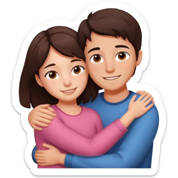 Girl and boy couple Both peach skin and darkish brown hair, give girl freckles HUGgING EMOJI sticker