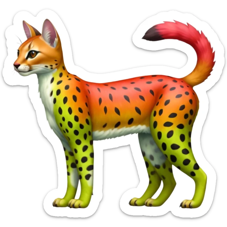 Colorful tropical exotic fruity kiwi-green lemony rosy neon-red Caracal-Cheetah-Serval-Snow-Leopard-Trico-Sergal-Vernid-fusion-hybrid-animal-creature, full body sticker
