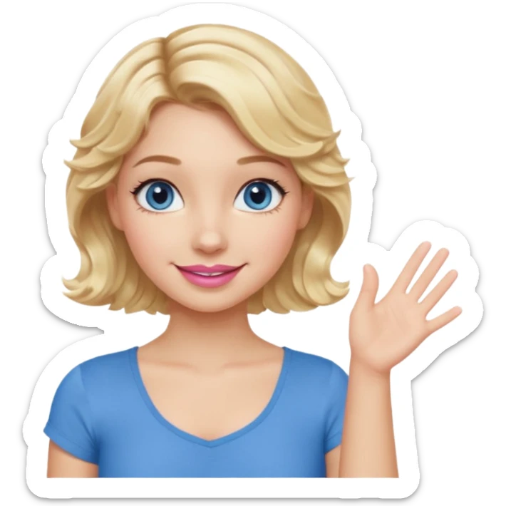 Girl Blonde short wavy hair,  blue eyes, cute blue top, long lashes, pink lips, smiling, one hand palm up side ways  sticker