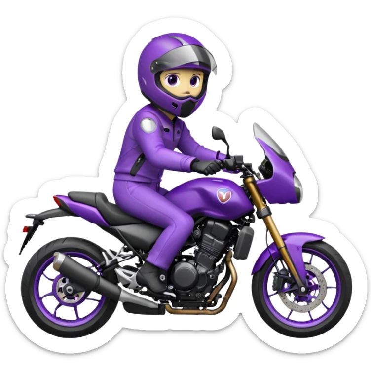 Créer un emoji avec une moto mt07 sport noir mate / violet iridescent très foncé, pare-brise de la moto violet. Avec une pilote dessus, visage masqué par la visière violette . Avec en arrière plan cercle violet. sticker