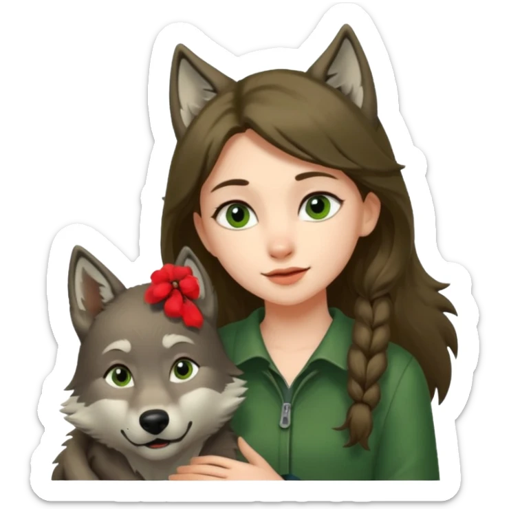 Caperucita roja acariciando la cabeza de un lobo macho en un bosque sticker