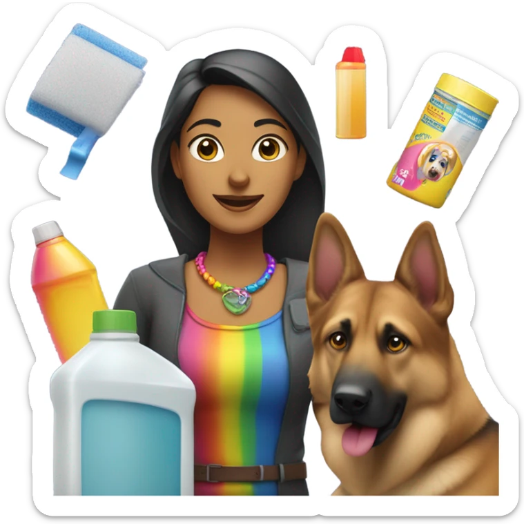 Indian woman with an excessive amount of cleaning supplies and German shepherd with rainbow collar sticker