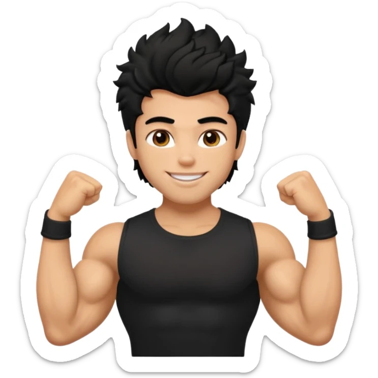 a pretty bratz guy with black hair with big muscles and shaggy hair in a tight black tee smiling sticker