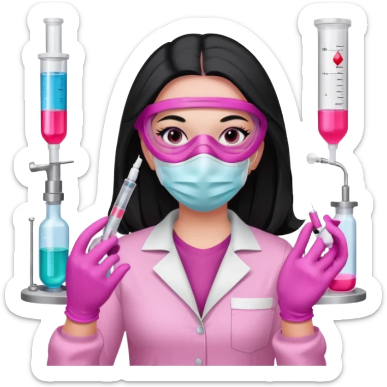 laboratorista con guantes rosa y mascarilla rosa jeringa tubo laboratorio sin lentes y ojos negros cabello largo negro color ojos oscuro color y cabello largo lacio guantes camisa y maascarilla mismo color sticker