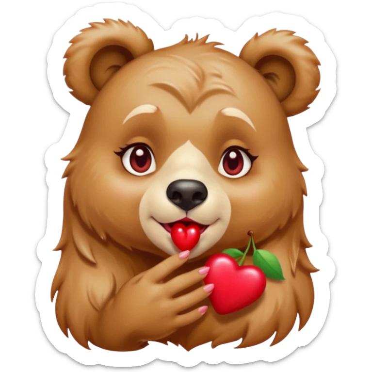 A female bear with cherries on one of her ears blowing a kiss with her lips, releasing a heart sticker