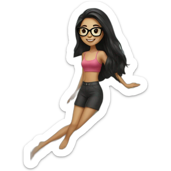 Girl with black glasses and long black hair on a surfboard sticker