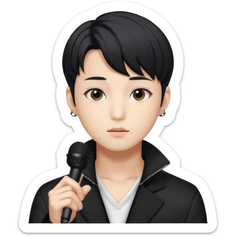 Draw a Korean male idol with black parted hair, earpiece mic & stylish stage outfit, inspired by Jungkook of BTS. sticker