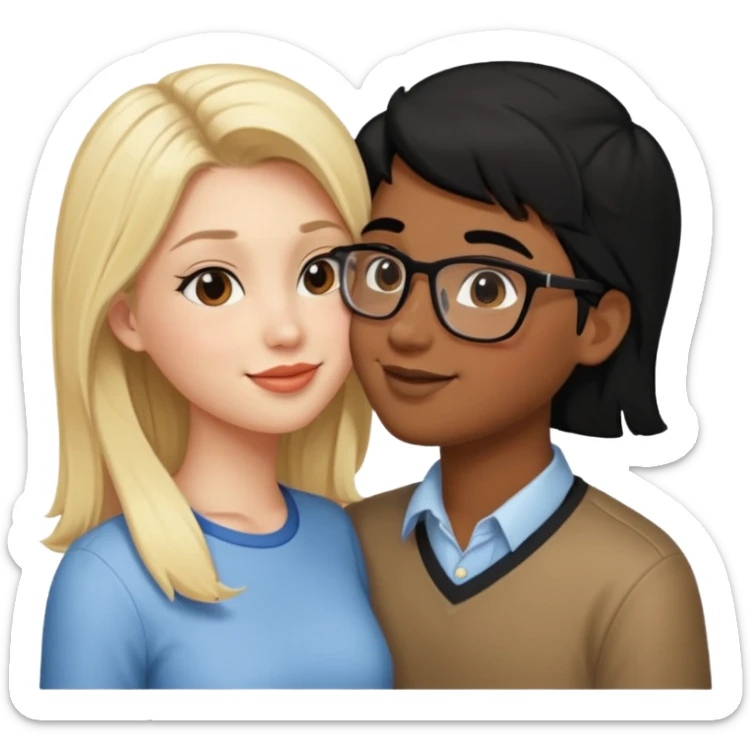 pretty blonde girl barbie kissing nerd with black hair and brown skin on the cheek sticker