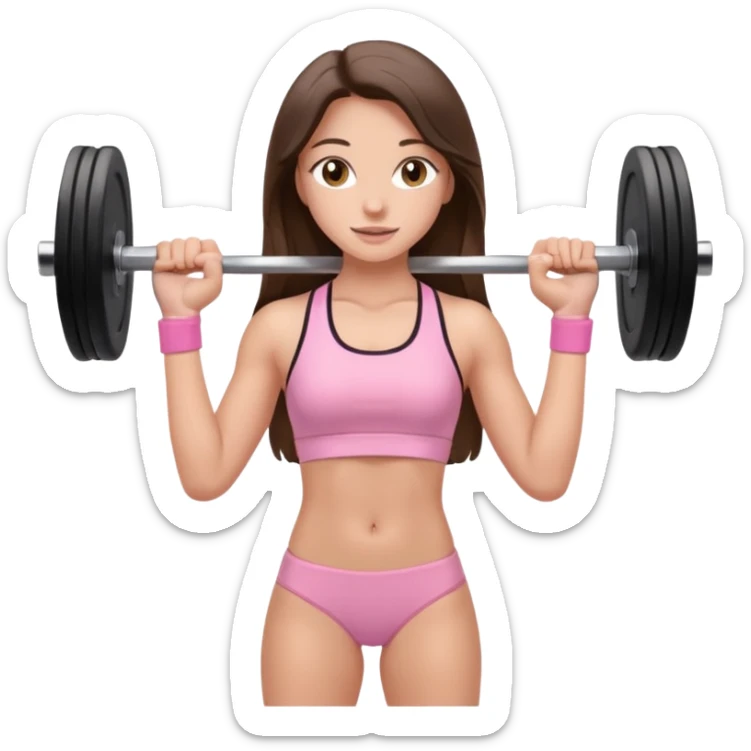 white happy brunette teen long hair with hazel eyes in light pink workout clothes holding a barbell  sticker