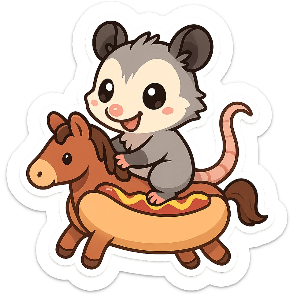 cute cartoon possum riding a hot dog like a horse, sticker-like style sticker