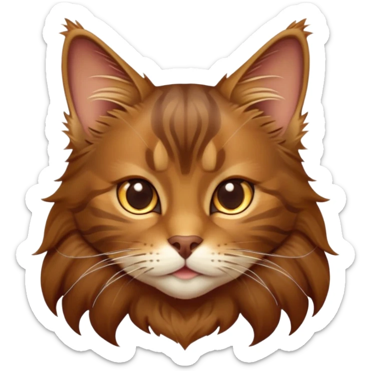 cinematic-cute brown-maine-coon-cat-portrait-emoji,-head-tilted-playfully-and-inquisitively,-sleek--brown-and-gold-tones-with-hints-of-deep-auburn-fur,-simplified-yet-adorable-features,-highly-detailed,-glowing-with-a-warm,-friendly-glow  sticker