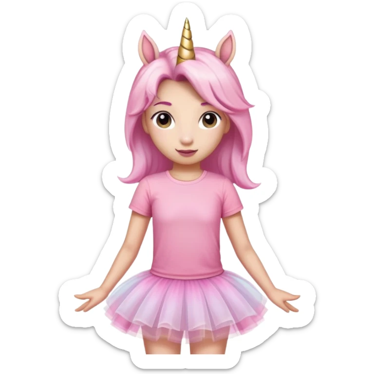 head and shoulders portrait of an anthropomorphised female unicorn in tutu and pink t-shirt, standard pose sticker
