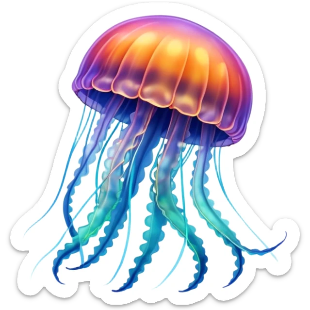 A jellyfish in multicolored hues drifts through the sea, glowing like a living rainbow sticker