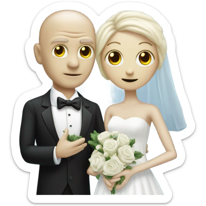 White humman man in a tuxedo, Alien reprilian woman in wedding dress, and one , hands getting married sticker